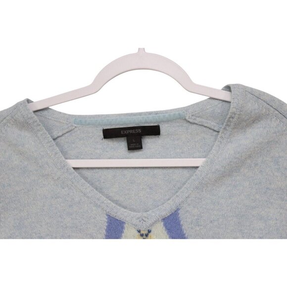 Express Sweater Size Large 100% Lambs Wool Knit Argyle Preppy Pastel V-Neck - Picture 7 of 13